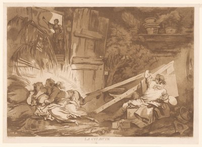Mladý klopýtající muž padne na ženu, která je natírána La Culbute (název na objektu) od Francois Philippe Charpentier