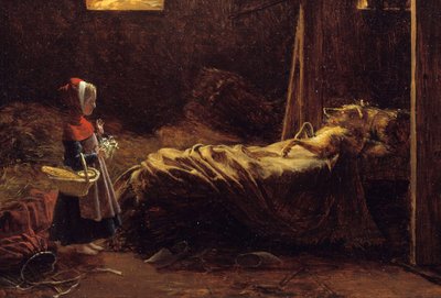 Červená karkulka, detail. Ilustrace příběhu Charlese Perraulta, červené karkulce před vlkem v přestrojení za babičku. Obraz Francoise Richarda Fleuryho (1777-1852) 19. století Sun. 0,35x0,47 m . od Francois Richard Fleury