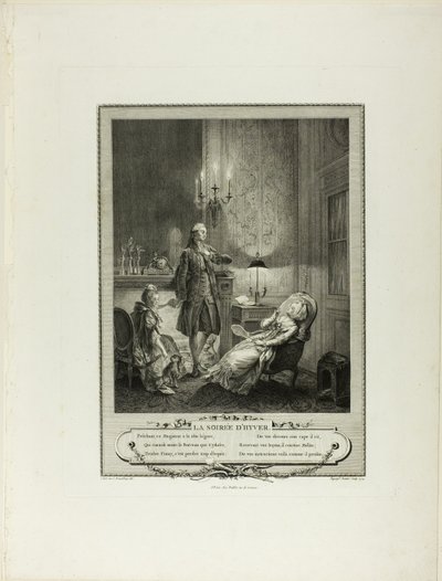 Zimní večer, z knihy Monument du Costume Physique et Moral de la fin du Dix-huitième siècle od Francois Robert Ingouf