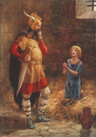 Havelok prosí Godarda o milost, ze staré balady Havelok the Dane (barva litho) od Frank Adams