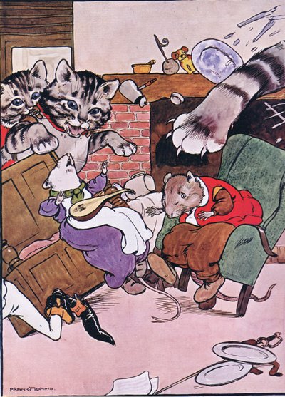 Kočka a její koťata přiběhla, ilustrace z knihy "The Frog would a Wooing Go", Charles H. Bennett, 1916 od Frank Adams