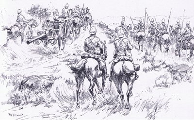 Bullers kavalérie a dělostřelectvo postupují na Bergendal, ilustrace z Po Pretorii: Guerilla War, 1902 od Frank Algenon Stewart