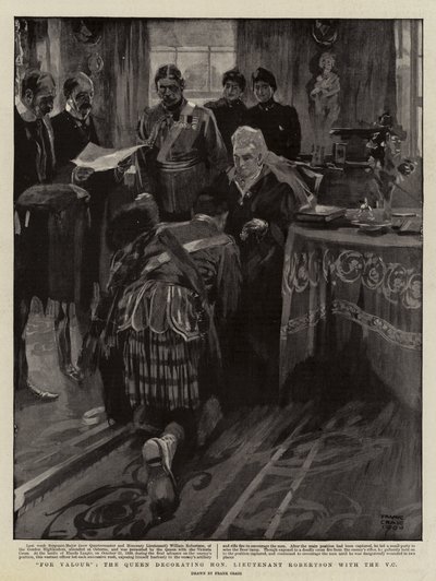 Za statečnost vyznamenala královna čestného poručíka Robertsona řádem V C od Frank Craig