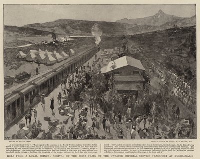 Pomoc od věrného prince, příjezd prvního vlaku Gwaliorského císařského transportu do Kushalgarh od Frank Craig