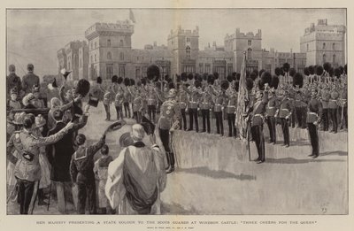 Její Veličenstvo předává státní barvu skotským gardám na hradě Windsor, Třikrát hurá královně od Frank Dadd