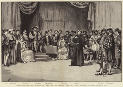 Luther před sněmem ve Wormsu, 1521, scéna z historického dramatu Luthera, provedené ve Wormsu, 30. října 1883 od Frank Dadd