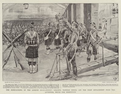 Příjezd Gordonových horalů domů, plukovník Mathias vyprovází první oddíl z liverpoolských doků do Edinburghu od Frank Dadd
