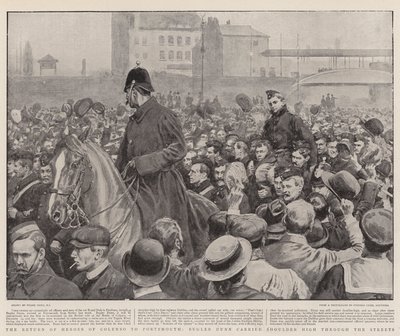 Po návratu hrdinů z Colensa do Portsmouthu nesl Bugler Dunn po ramenou ulicemi od Frank Dadd