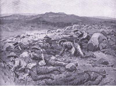 S Queenslandskými Imperial Křováky na Rhenoster Kop 29. listopadu 1900, ilustrace z Po Pretorii: Guerilla War, 1902 od Frank Dadd