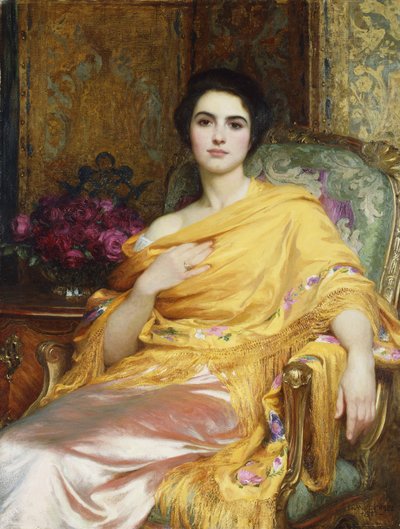 Portrét Elsy, dcery Williama Halla, tříčtvrteční, sedící v růžových šatech a žlutým obalem, 1927 od Frank Dicksee