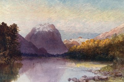 Nový Zéland: Na čele jezera Te-Anau (barevná litografie) od Frank H Wright