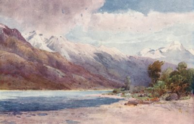 Nový Zéland: Na čele jezera Wakatipu (barevná litografie) od Frank H Wright