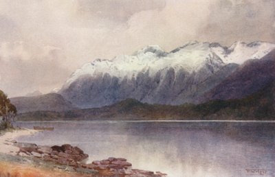 Nový Zéland: Cathedral Peaks (barevná litografie) od Frank H Wright