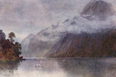 Nový Zéland: V Milford Sound (barevná litografie) od Frank H Wright
