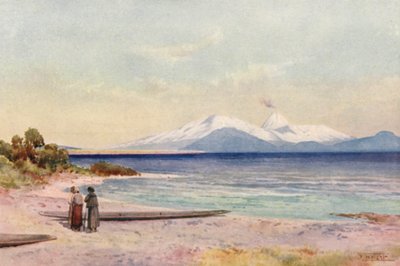 Nový Zéland: Jezero Taupo (barevná litografie) od Frank H Wright