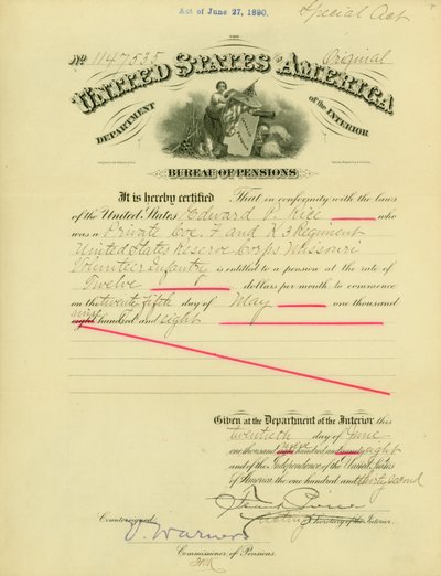 Oznámení o právu na důchod Edwardu Parkerovi Riceovi, 20. června 1908 od Frank Pierce