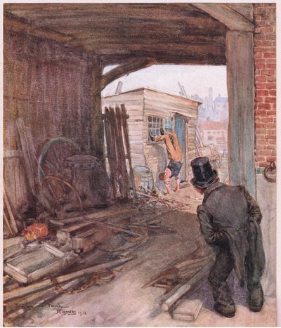 Po příjezdu na místo určení se mu jako první naskytl pohled na pár velmi nedokonale obutých nohou ve vzduchu, asi 1920 (barevná litografie). od Frank Reynolds