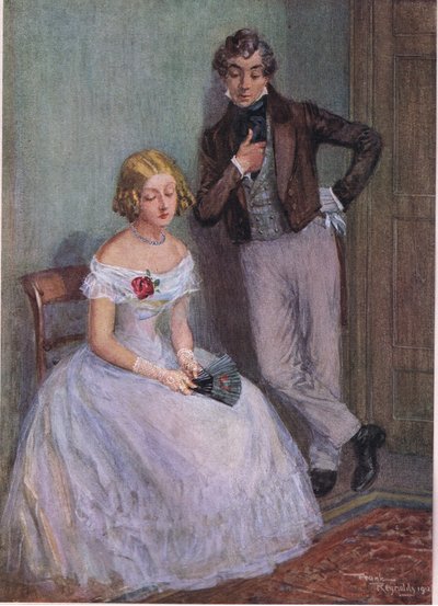 "Jsem si jistá, že nevím, co tím myslíte, pane Swivellere," řekla slečna Sophy se sklopenýma očima , cca 1920 (barevná litografie). od Frank Reynolds