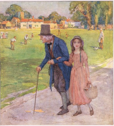 Bylo to velmi malé místo. Muži a chlapci hráli kriket na zeleném trávníku, asi 1920 (barevná litografie) od Frank Reynolds