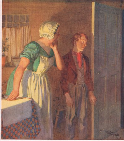 Dítě spěchalo ke dveřím a zmizelo stejně rychle, jako přišlo, cca 1920 (barevná litografie). od Frank Reynolds