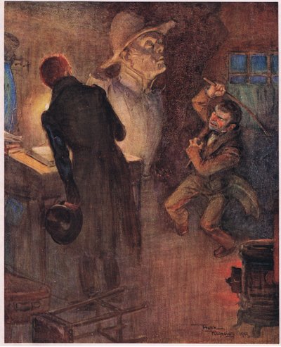 Trpaslík odhodil noviny, z nichž si prozpěvoval již citovaná slova, a popadl rezavou železnou tyč, asi 1920 (barevná litografie). od Frank Reynolds