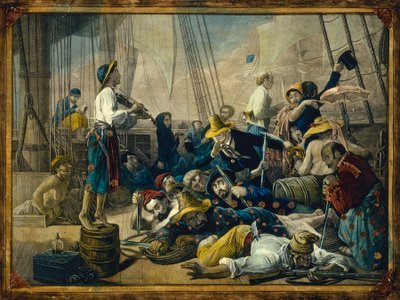 Piráti oblečení v ženských šatech se pokoušejí nalákat obchodní loď. od François Auguste Biard