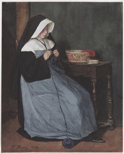 Jeptiška sedící u stolu pletení, 1862. od François Bonvin