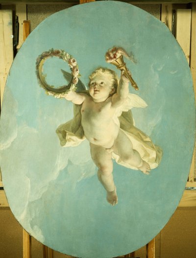 Putti v letu drží věnec a pochodeň, od François Boucher