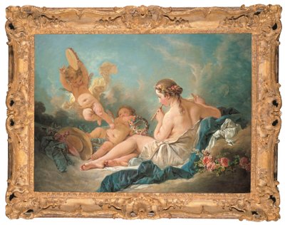 Ležící nymfa hrající na flétnu s Puttim, snad múza Euterpe, 1752 od François Boucher