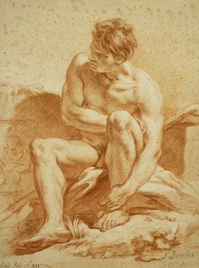 Sedící akt s holí, reliéf s Puttim nalevo, 1738 od François Boucher