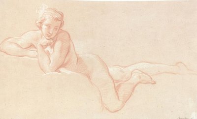 Nahá studie ženy ležící na oblacích s bradou položenou na levé ruce od François Boucher