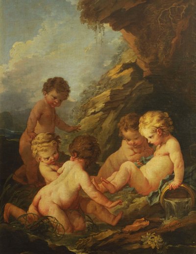 Boucher - Pět nahých dětí hrajících si u skalnaté tůně, 1730-1735 od François Boucher