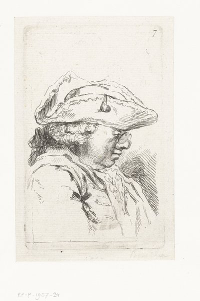 Hlava muže s brýlemi a tricorne Sada drobných žánrových skladeb a titulků (název série) od François Boucher