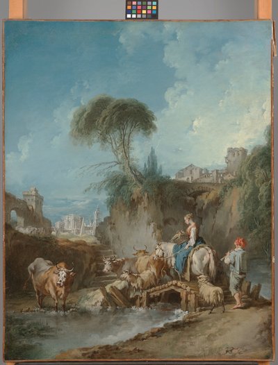 Krajina se vzdálenými budovami a pastýřkou od François Boucher