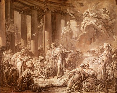 Psyche Receiving the Divine Honors (přípravné studium), kolem 1740 (olejomalba na papíře připevněná na plátně) od François Boucher