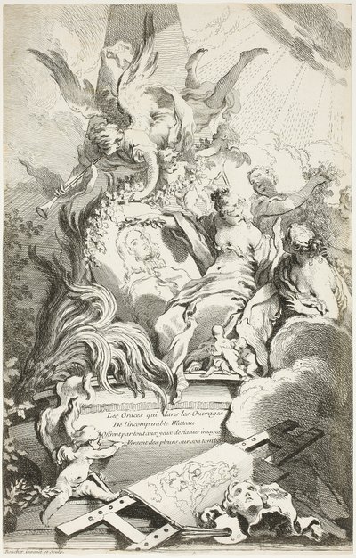 Grácie na Watteauově hrobce od François Boucher