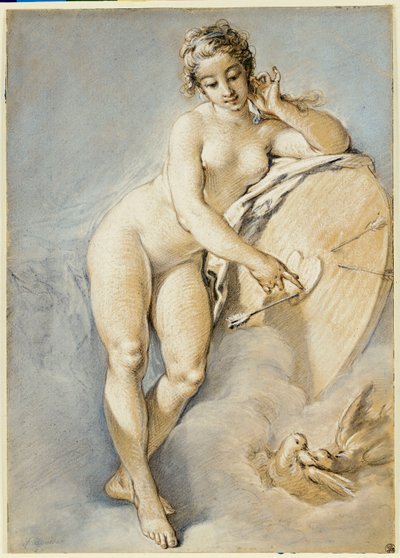 Venuše stojící, gestikuluje směrem k srdci na terči se dvěma holubicemi, 1754 od François Boucher