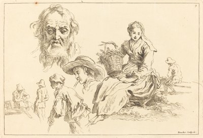 Figurální studie včetně Bearded Face of an Old Man od François Boucher after Abraham Bloemaert