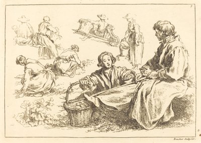 Studie postavy včetně dvou sedících rolníků od François Boucher after Abraham Bloemaert