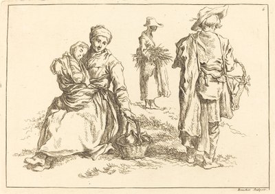 Sedící matka a dítě, dva stojící rolníci od François Boucher after Abraham Bloemaert