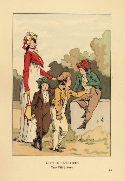 Chlapci v bundách a kalhotách s Merveilleuse v římském rouchu s čepcem a bundou spencer. Malí patrioti, ročník VIII od François Courboin