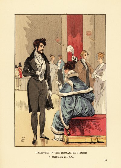 Dandyismus v období romantismu, taneční sál v roce 1834. Oblečený kabát s ocasy, těsné kalhoty a cylindr. Žena v kožešinových šatech s peřím ve vlasech. Ručně kolorovaná litografie R.V. po ilustraci Francoise Courboina z Octave Uzanne’s Fashion od François Courboin