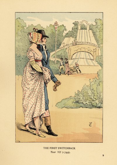 Módní pár na horské dráze v ruských horách, Les Montagnes Russes a Belleville, postavený v roce 1812. (První tobogán, ročník VII od François Courboin
