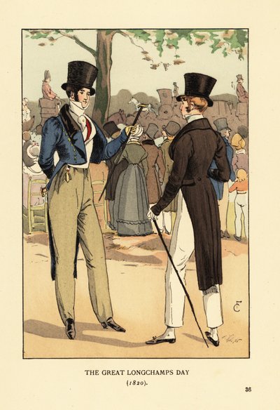 Módní pánové v cylindru a ocasech s holemi. Na velkém dostihovém dni na závodišti Longchamp. Davy módních lidí a kočárů. Velký Longchamps Day od François Courboin