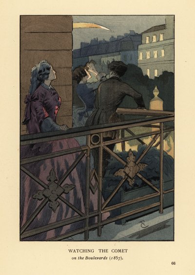 Módní lidé sledující kometu z roku 1857 z balkonu bulváru v Paříži. Žena v krinolíně s dalekohledem. Ručně kolorovaná litografie R.V. po ilustraci Francoise Courboina z Octave Uzanne’s Fashion v Paříži, William Heinemann, Londýn od François Courboin