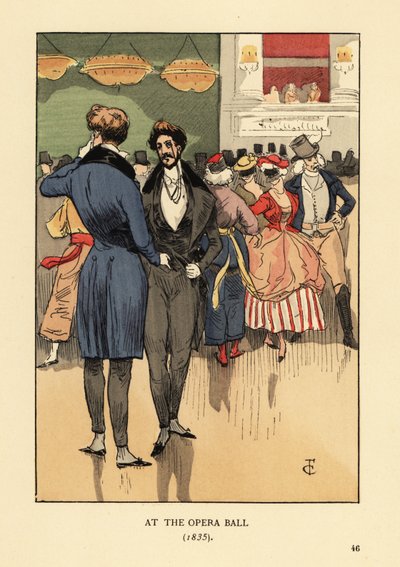 Fops v kabátě s ocásky, vesta, těsné kalhoty a bílé punčochy. Lidé v maškarních šatech a maskách za nimi. Na Plesu v Opeře 1835. Ručně kolorovaná litografie R.V. po ilustraci Francoise Courboina z Octave Uzanne’s Fashion v Paříži, Will od François Courboin