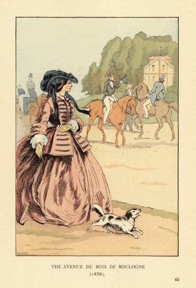 Žena v čepci, bundě a široké krinolíně se psem sleduje jezdce a kočáry na jezdecké dráze. Avenue du Bois de Boulogne, Paříž od François Courboin