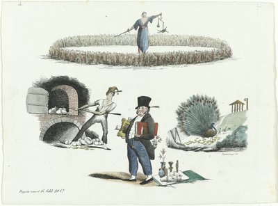 Karikatura na J.C. Backer, C. Seyn a S. van der Paauw, 1839 od François Desterbecq