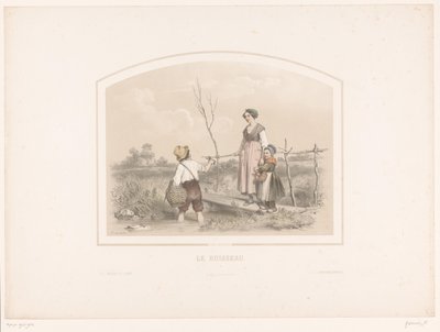 Chlapec ukazuje humra ženě a dítěti u potoka Le ruisseau (název na objektu) od François Grenier
