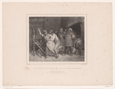 Muž se snaží obejmout ženu v hostinci Le farceur de village / The village lotherio (název na objektu) Dvanáct zobrazení různých postav (název série) Album de douze sujets (...) (název série) od François Grenier